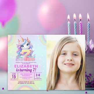 Photo Unicorn 7th Birthday – Rainbow Girl Einladung