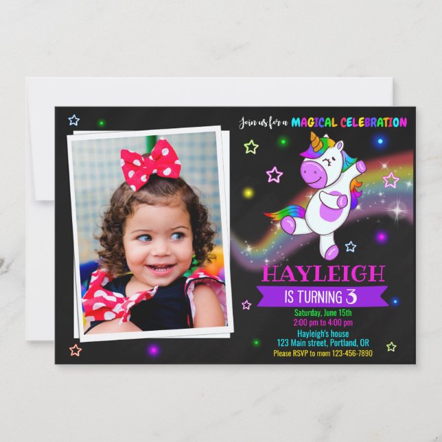 Photo Unicorn anniversaire invitation 1ère fête ma (Devant)