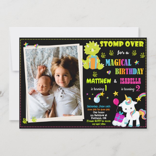 Photo Unicorn et Dinosaur invitation d'anniversair (Devant)