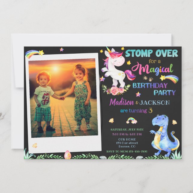 Photo Unicorn et Dinosaur invitation d'anniversair (Devant)