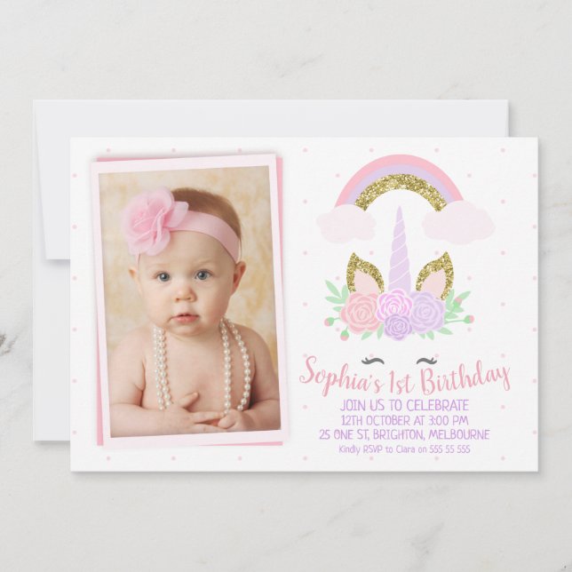 Photo Unicorn et Rainbow Birthday Invitation (Devant)