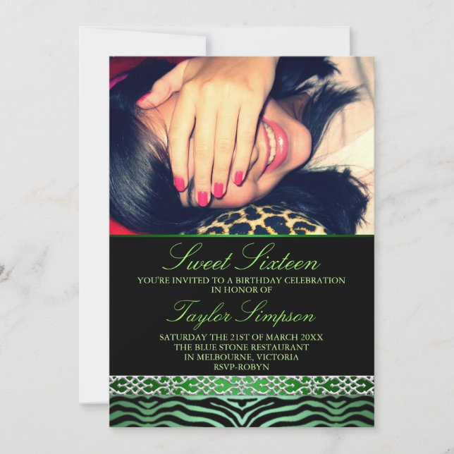 Photo verte Zebra Print Sweet16 invitation d'anniv (Devant)