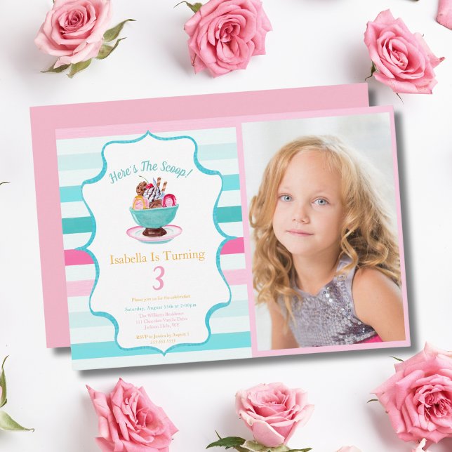 Photo Watercolor Ice Cream Sundae Birthday Einladung (Von Creator hochgeladen)