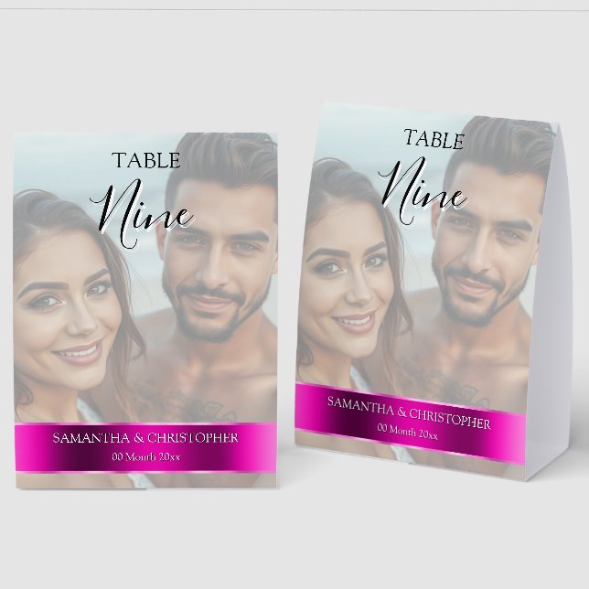 Photo Wedding Table Number with Magenta band Tischaufsteller (Vorder-/Rückseite)