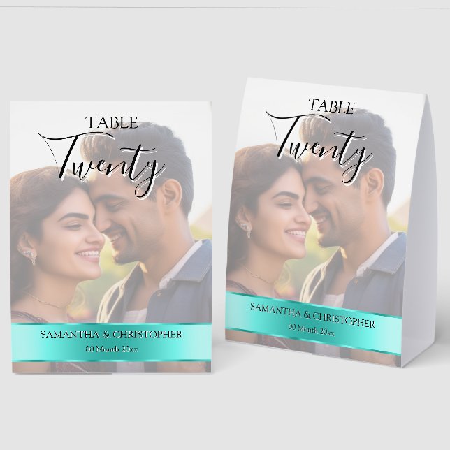 Photo Wedding Table Number with Turquoise band Tischaufsteller (Vorder-/Rückseite)