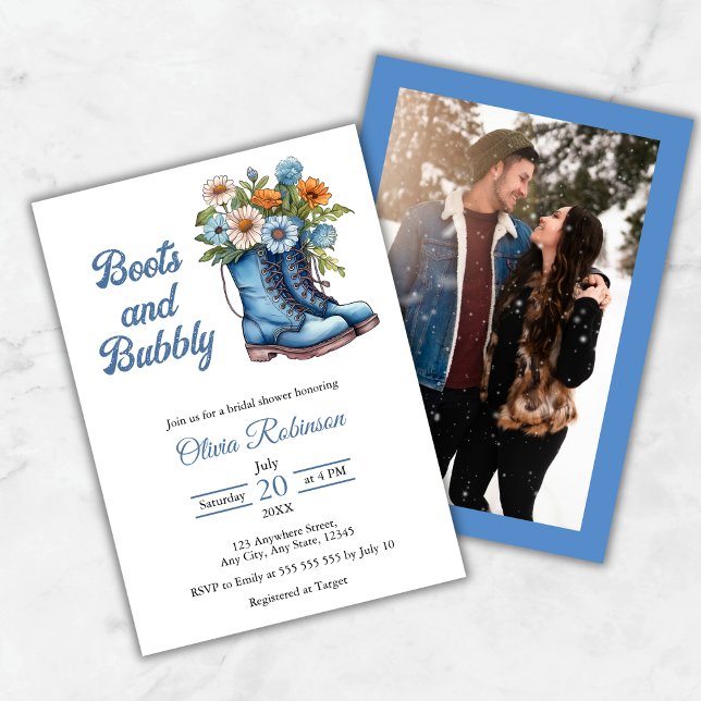 Photo Western Blue Boots & Bubbly Bridal Shower  Einladung (Photo Western Blue Boots & Bubbly Bridal Shower Invitation )