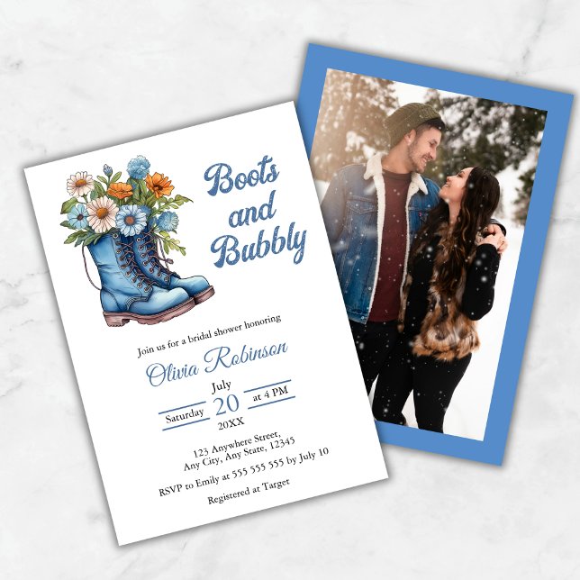 Photo Western Blue Boots & Bubbly Bridal Shower  Einladung (Photo Western Blue Boots & Bubbly Bridal Shower Invitation   )