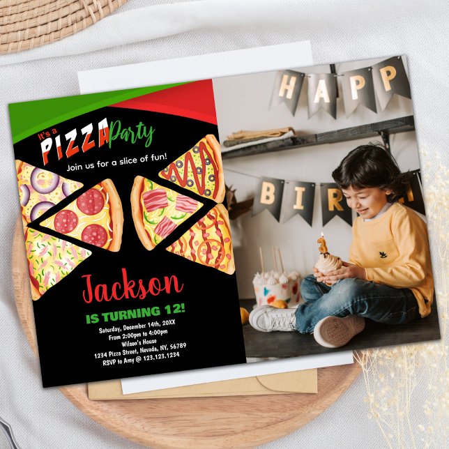 Photo White Red Green Pizza Invitations Anniversai (Photo White Red Green Pizza Birthday Invitations)