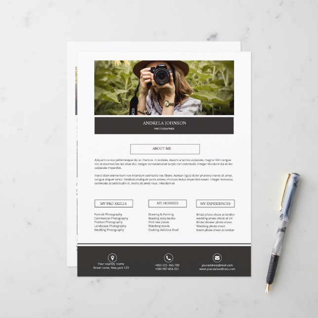 Photographe À propos de moi modèle de page (Devant/Arrière en situation)