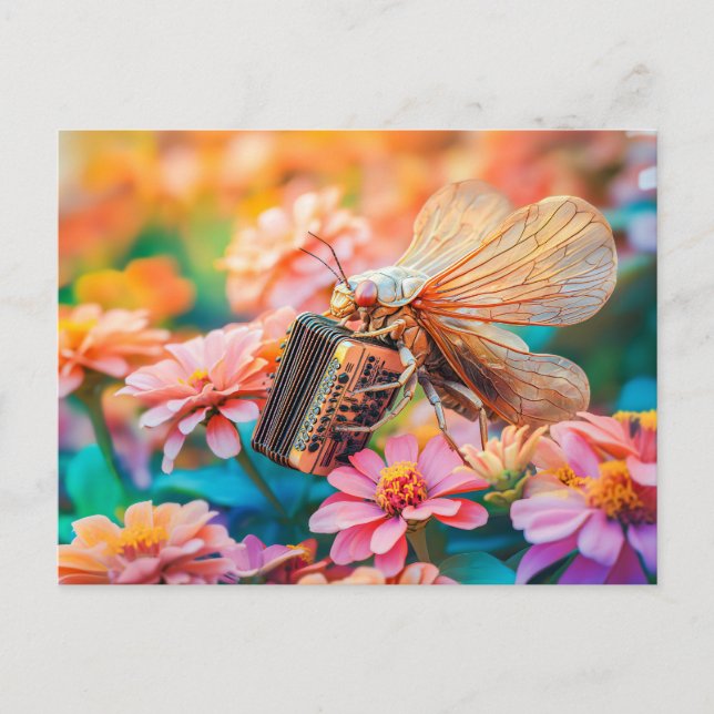 Photorealistic Cicada Playing Accordion inZinnia Postkarte (Vorderseite)