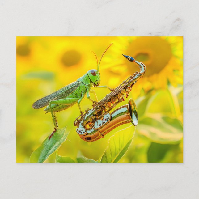 Photorealistic Grasshopper Playing Saxophone Postkarte (Vorderseite)
