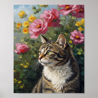 Photorealistische Katze & Blumen | Öl-Impressionis Poster