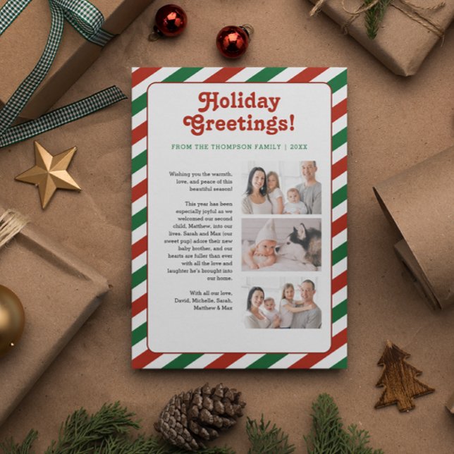 Photos de lettre de la famille de voeux de vacance (Holiday greetings year in review photo strip Family Christmas card.)