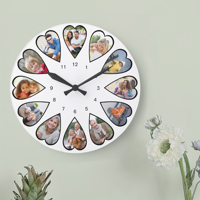 Photos en forme de coeur Blanc rond grande horloge (Photo clock with 12 heart shaped photos. Unusual design for your home and a thoughtful photo gift.)