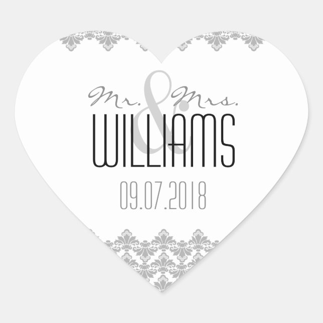 PHPH&D Mariage Sticker Coeur Gris 2 Blanc Damas (Devant)