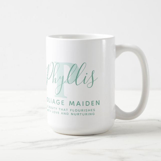 Phyllis Name Bedeutung und P monogramm grüner Text Kaffeetasse (Rechts)