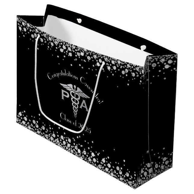 Physician Assistant PA Graduation Black Silver Große Geschenktüte (Vorderseite Schrägansicht)
