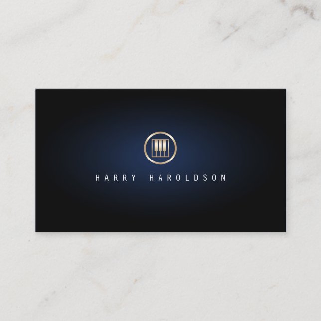 Pianist Elegante Gold Piano Keys Icon Blue Glow Visitenkarte (Vorderseite)