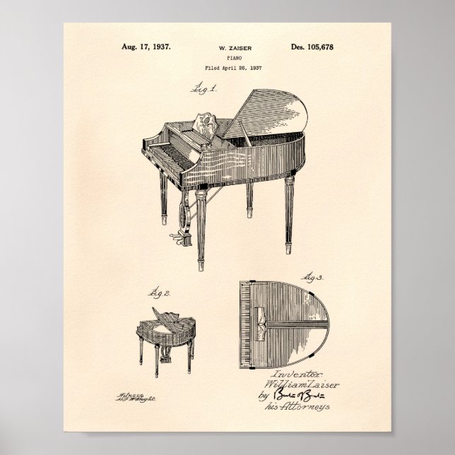 Piano 1937 Patent Art Old Peper Poster (Vorne)
