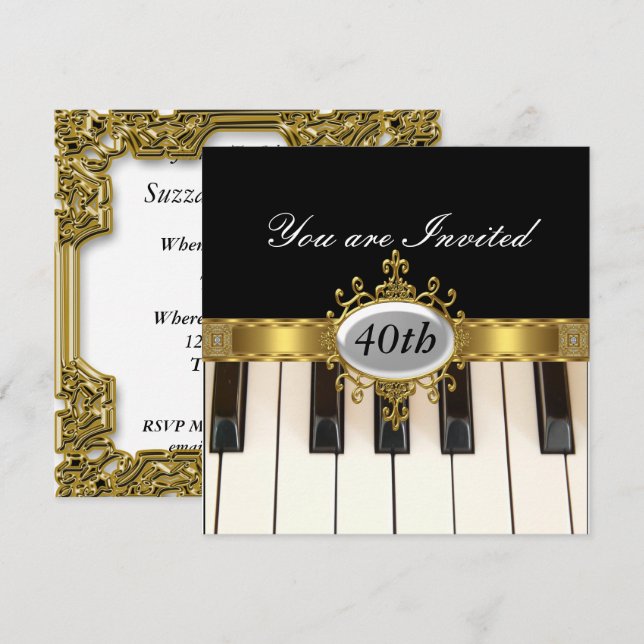 Piano Black Birthday Party Glamour Einladung (Vorne/Hinten)