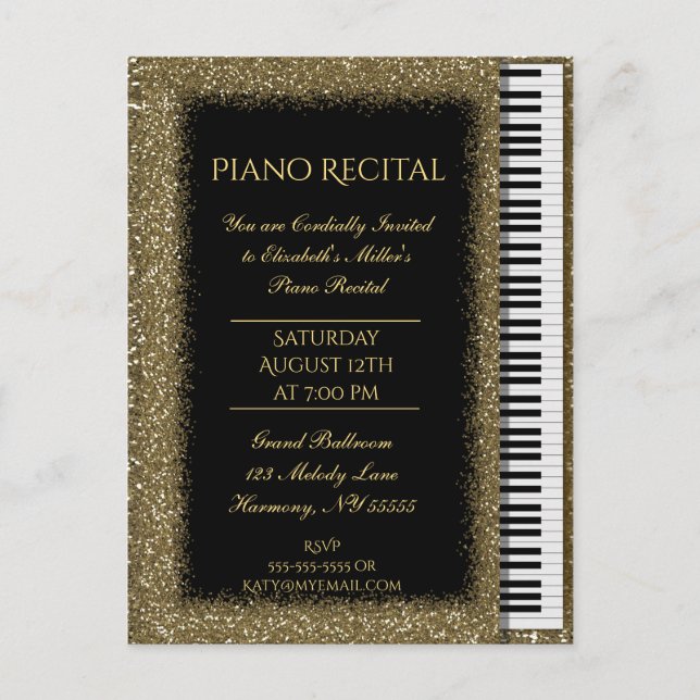 Piano Erwägung Gold Glitzer Baby Grand Einladungspostkarte (Vorderseite)