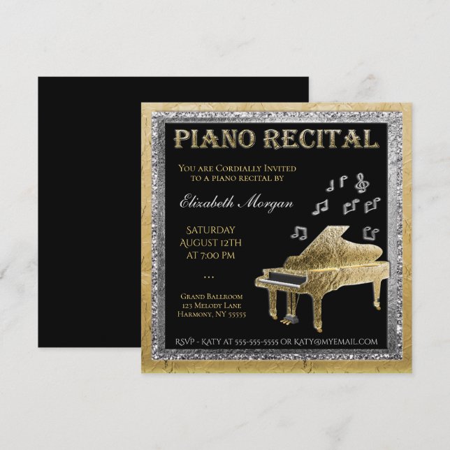 Piano Erwägung Gold und Silber Einladung (Vorne/Hinten)