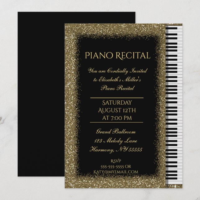 Piano-Erwägung mit Gold-Glitzer auf Black Einladung (Vorne/Hinten)
