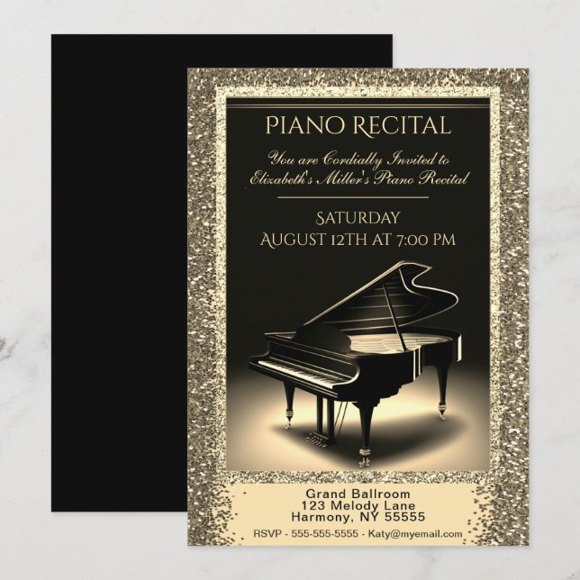 Piano Erwägung mit Gold Glitzer auf Schwarz Einlad Einladung (Vorne/Hinten)