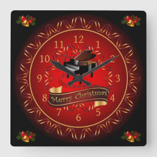Piano ~ Frohe Weihnachten ~ Maroon & Black ~ Quadratische Wanduhr