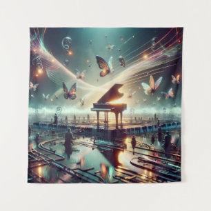 Piano für Selbstspieler in einer surrealen Seenlan Wandteppich