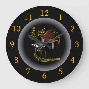 Piano ~ G clef ~ Musikalischer Swirl ~ Spotlight ~ Große Wanduhr