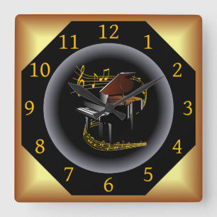 Piano ~ G clef ~ Musikalischer Swirl ~ Spotlight ~ Quadratische Wanduhr