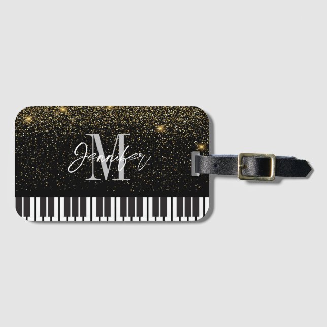 Piano Glitzer Gold Monogram Name Personalisiert Gepäckanhänger (Vorderseite (Horizontal))