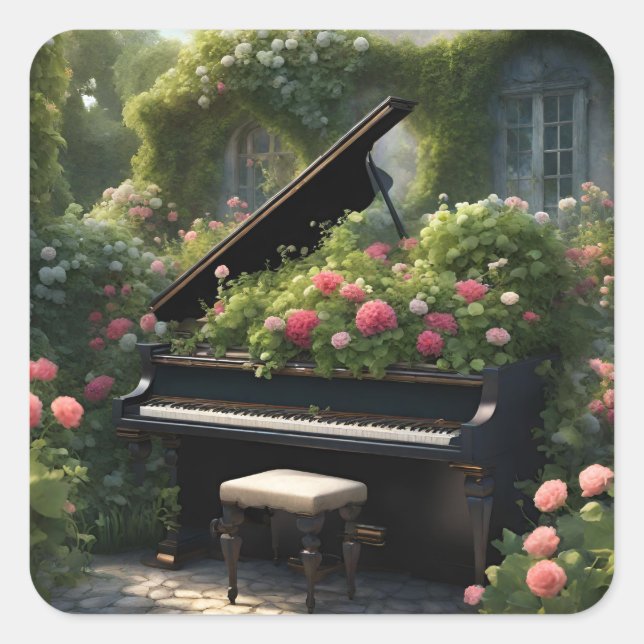 Piano in Bloom- Gartenmalerei Quadratischer Aufkleber (Vorderseite)