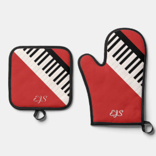Piano Keys Cherry Red Music Keyboard Mit Monogramm Ofenhandschuh & Topflappen-Set