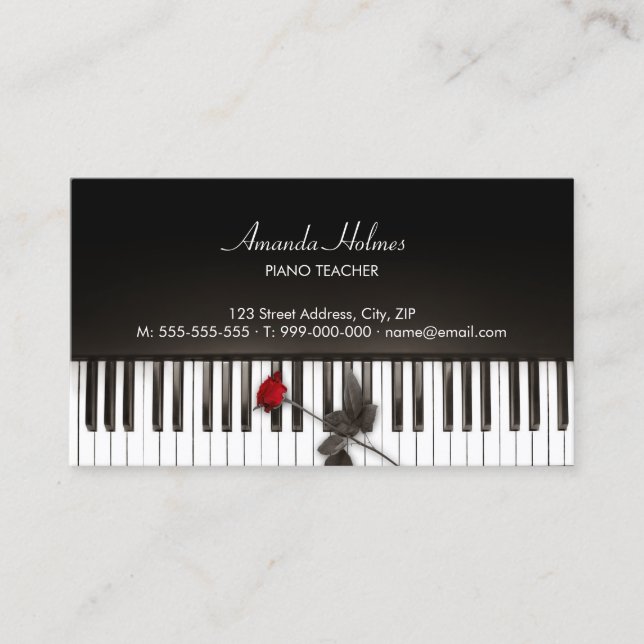 Piano Keys Rote Rose Music Visitenkarte (Vorderseite)