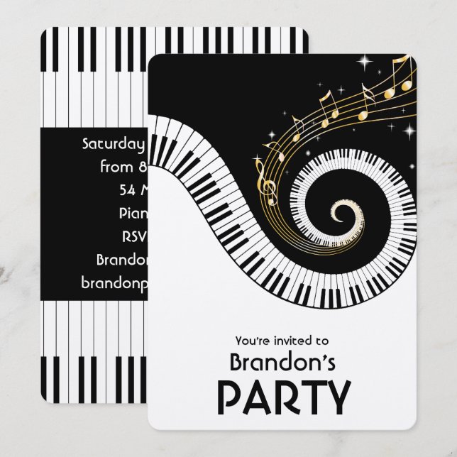 Piano Keys und Gold Musiknote Party Einladung (Vorne/Hinten)
