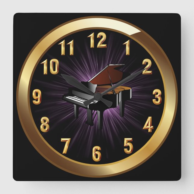 Piano ~ Klassisches Schwarzes Gold und Lila Glühbi Quadratische Wanduhr (Vorderseite)