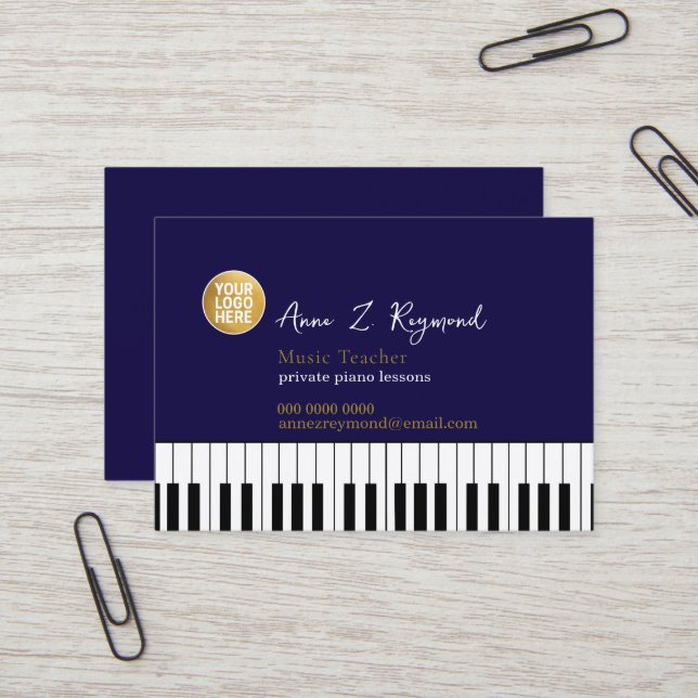 Piano Music Teacher deep-blue with logo Visitenkarte (Vorderseite/Rückseite Beispiel)