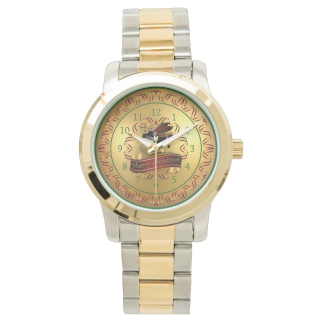 Piano ~ Musical Scroll ~ Gold "Frohe Weihnachten" Armbanduhr (Vorderseite)