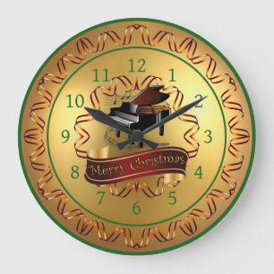 Piano ~ Musical Scroll ~ Gold "Frohe Weihnachten"  Große Wanduhr
