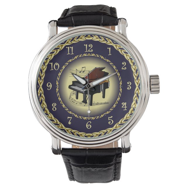 Piano Musical Scroll ~ Gold und Navy Blue ~ Armbanduhr (Vorderseite)