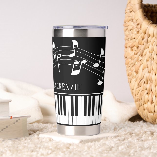 Piano-Musiknoten Skriptname Schwarz-weiß Custom Thermobecher (Wohnzimmer)