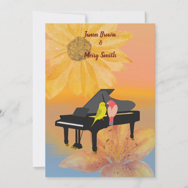 Piano Parrots Dreamy Blume Sonnenuntergang Hochzei Einladung (Vorderseite)