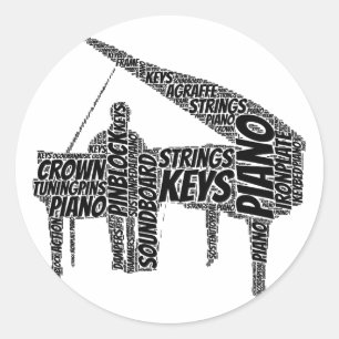 Piano Shaped Word Art Black Text Runder Aufkleber