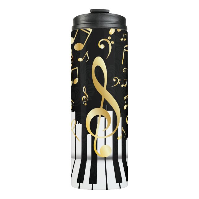 Piano-Tasten der Black Gold Luxury Musiknote Thermosbecher (Vorderseite)