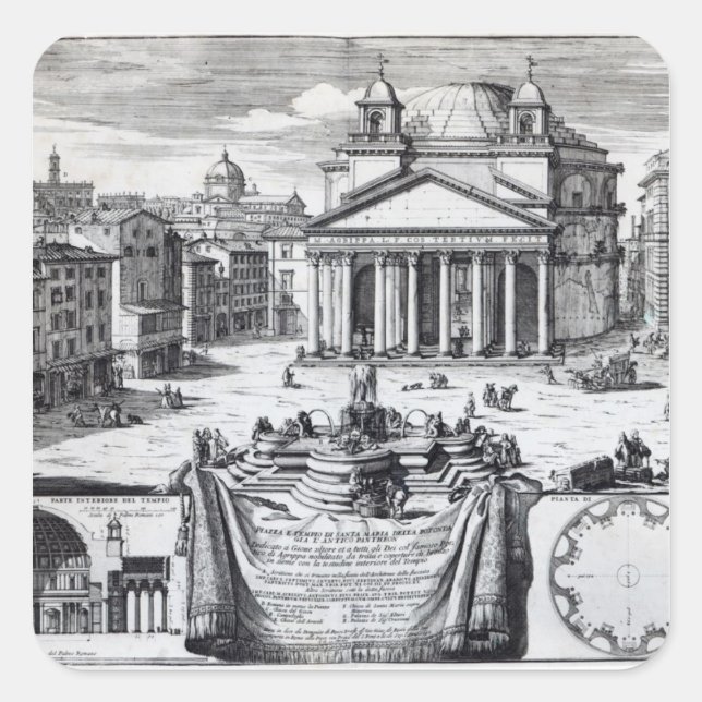 Piazza della Rotonda mit Blick auf Pantheon Quadratischer Aufkleber (Vorderseite)