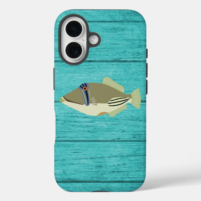 Picasso Trigger Fish Turqouise Wood iPhone 16 Fall Hülle (Rückseite)