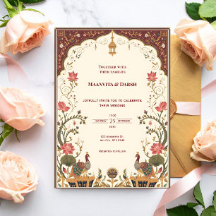 Pichwai Indische Lotus-Pfau-Hochzeitseinladung Einladung
