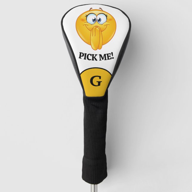 Pick Me Emoji White & Yellow Monogram Golf Headcover (Vorderseite)